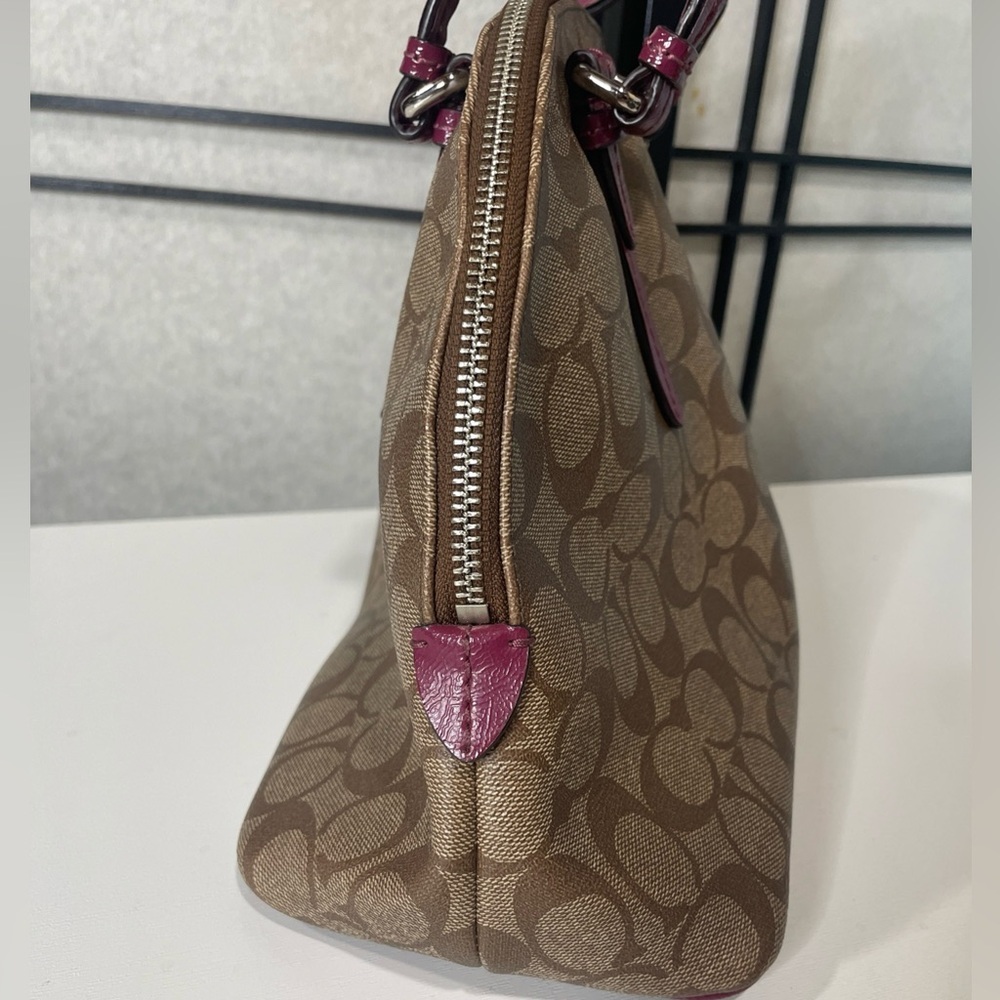 Coach Peyton Signature Cora Domed Satchel Bag Brown Coated Canvas Purple Leather - Picture 4 of 13